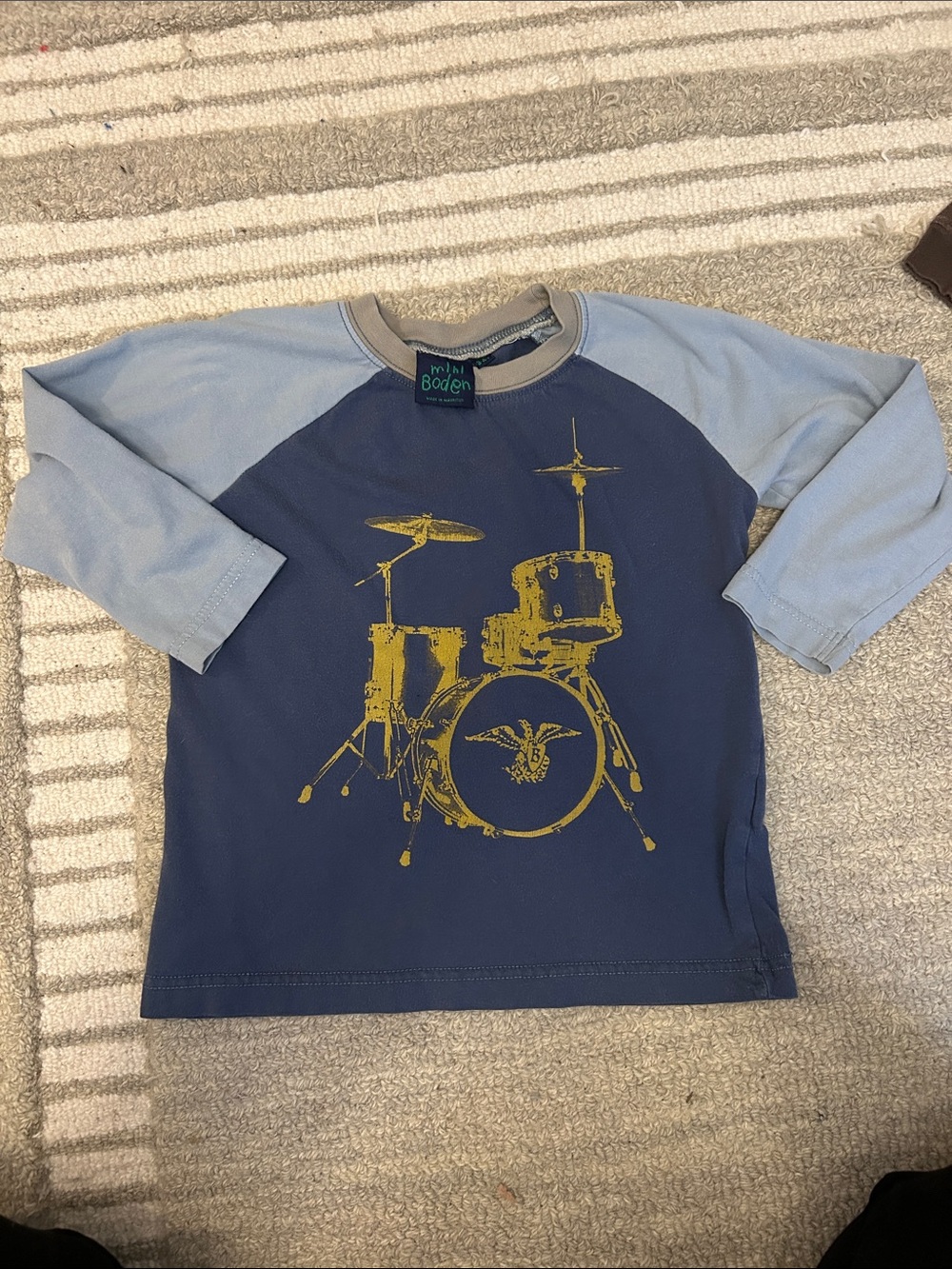 Mini Boden Navy and Light Blue Raglan Tee with Yellow Drum Print